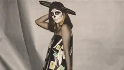 Une personne maquillée en squelette et vêtue d’une robe porte des glaïeuls et pose devant un fond drapé, dans Lotería de Muertos de Ricardo Valverde