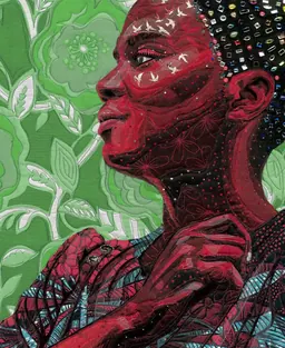 Bisa Butler, Coco with Morning Glories (detail), 2024, quilted and appliquéd textiles