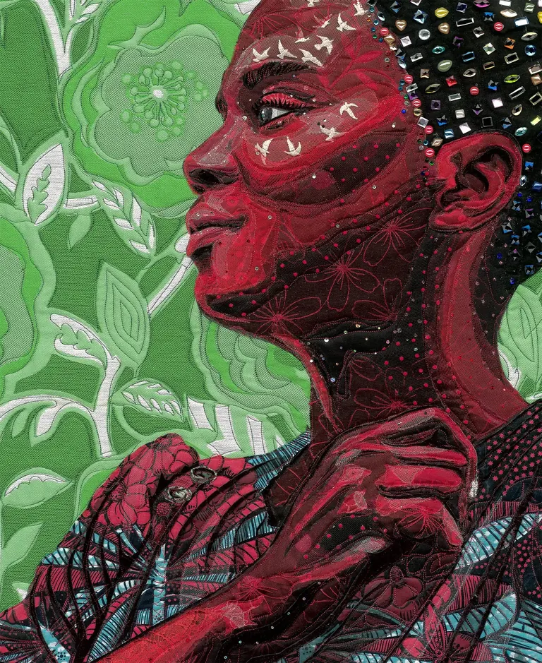Bisa Butler, Coco with Morning Glories (detail), 2024, quilted and appliquéd textiles