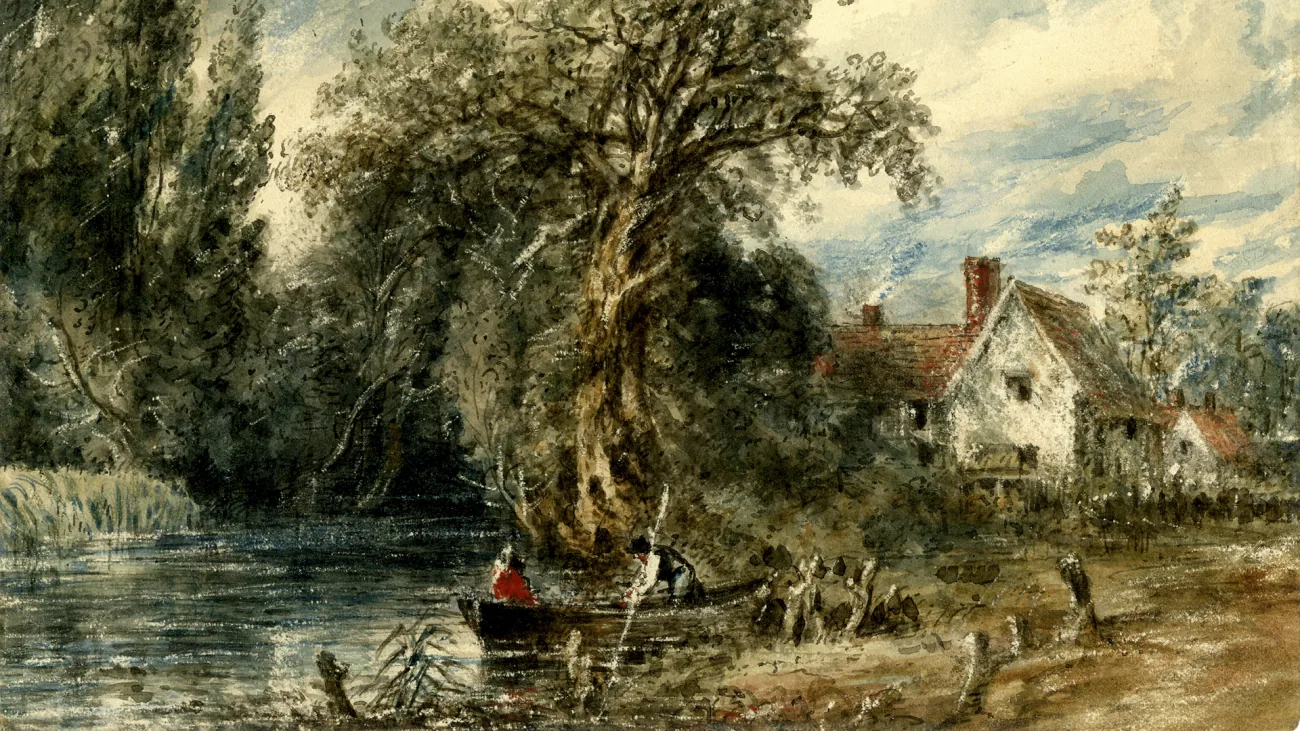 Watercolour painting of people in a rowboat by the bank of a river, with a large tree and a house in the background
