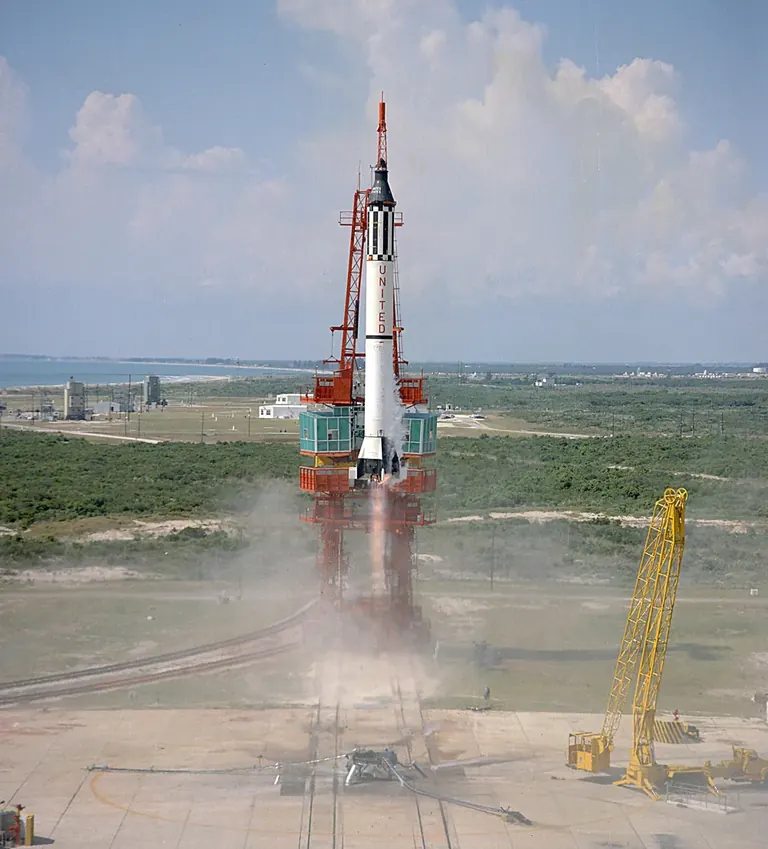 Launch of the Mercury-Redstone 3 Freedom 7 capsule piloted by Alan Shepard, 5 May 1961