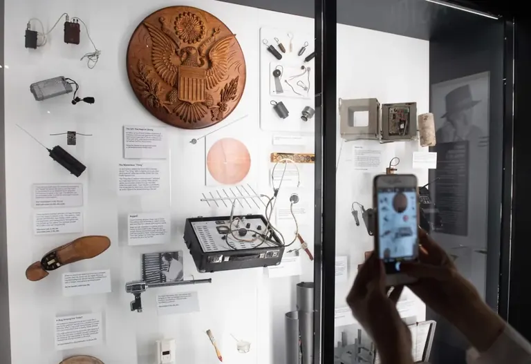 Tools of the Trade display of spy gadgets in the Stealing Secrets gallery