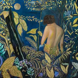 Diana Mercado, Under the Moonlight, an Andean landscape painting shown in La Casa en la Montana