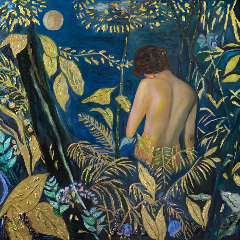 Diana Mercado, Under the Moonlight, an Andean landscape painting shown in La Casa en la Montana