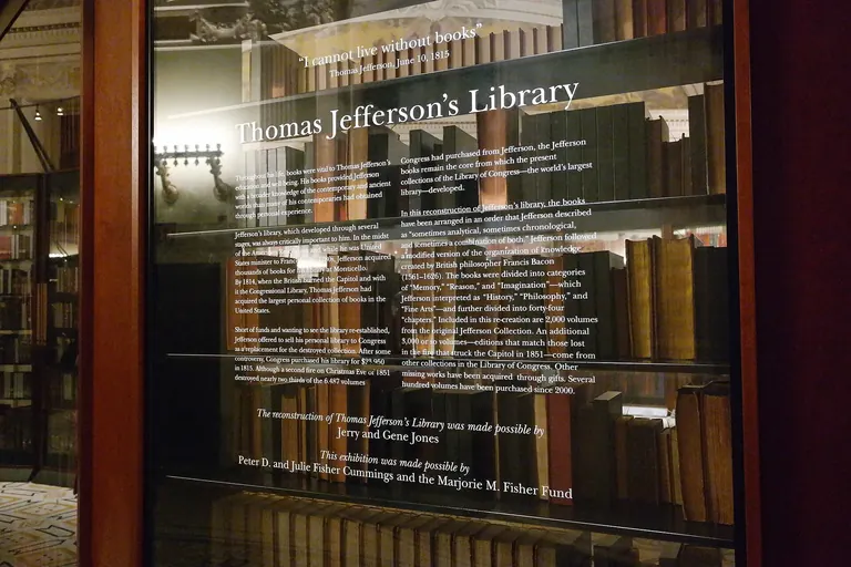 The recreated circular display of Thomas Jefferson's personal library at the Library of Congress, with volumes shelved in curved wooden cases