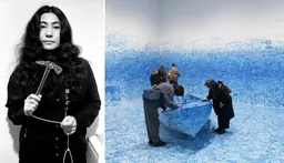 Yoko Ono tient Glass Hammer (1967), tandis que des visiteurs dessinent sur Add Colour (Refugee Boat)