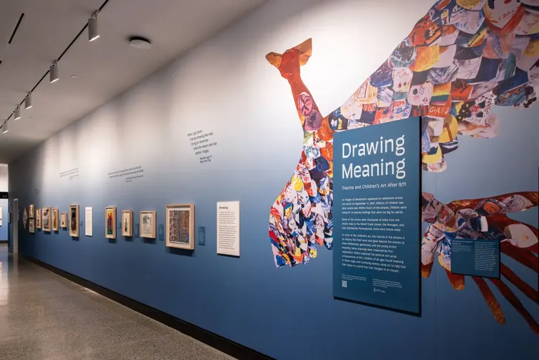 Children's artwork on display in the Drawing Meaning exhibition at the 9/11 Memorial Museum