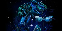 Visuel principal de NightTales : squelette de T. rex bleu lumineux, cristaux, libellule et coquillage sur fond de ciel nocturne étoilé