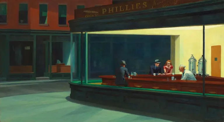 Edward Hopper，《Nighthawks》：夜深人靜，空無一人的街角餐館燈火通明，三位顧客與一名店員在內
