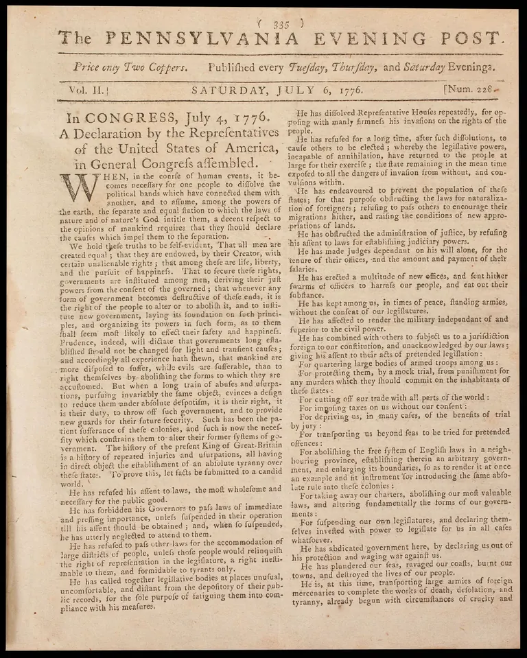 The Pennsylvania Evening Post du 6 juillet 1776, premier journal à publier la Déclaration d’indépendance