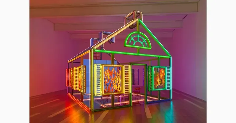 Alex Da Corte's neon sculpture Rubber Pencil Devil (Hell House), 2022, in Room 6 of the Pavilions at Glenstone