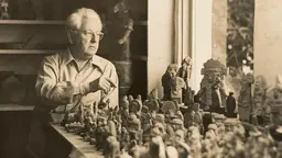 Photo sépia d’un homme aux cheveux blancs, assis derrière une table couverte de statuettes mésoaméricaines