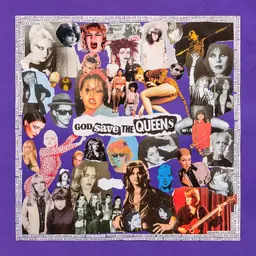 El collage God Save The Queens: fotografies retallades de dones vinculades al punk sobre fons lila, emmarcades pels seus noms