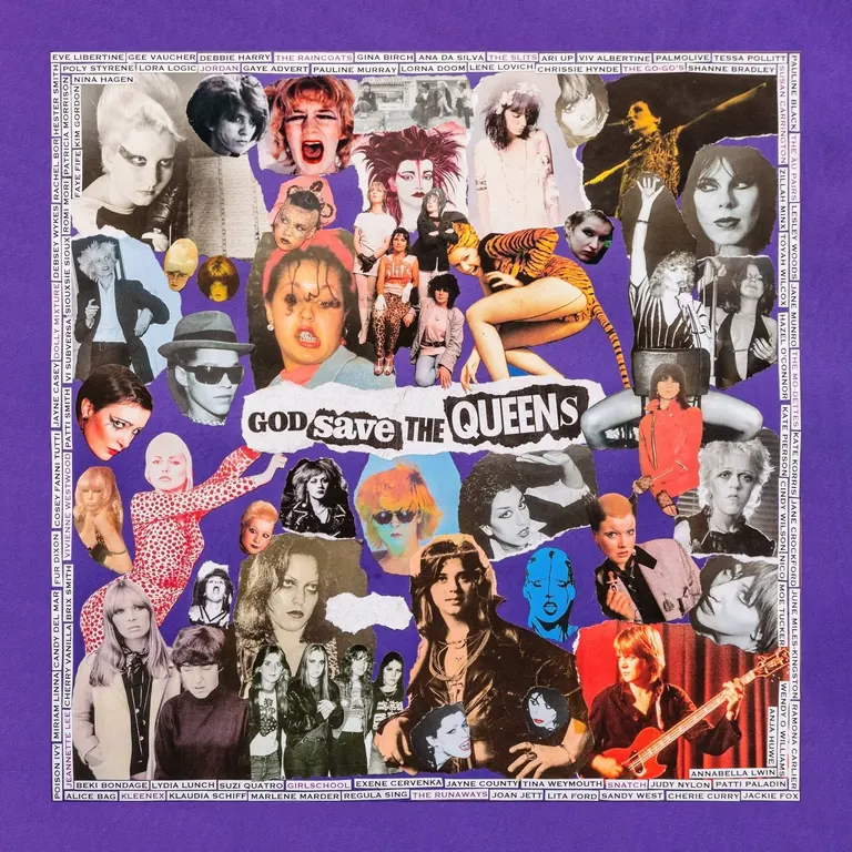 The God Save The Queens collage: cut-out photographs of women in punk on a purple ground, framed by their names