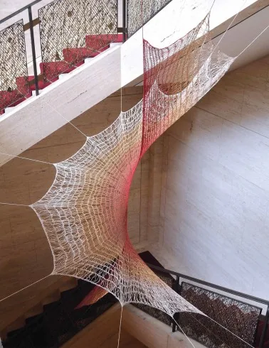 Rania Hassan, Liminality, 2020, suspended installation of silk, linen, bamboo, copper and stainless steel threads
