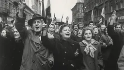 صورة فوتوغرافية بالأبيض والأسود لحشد يهتف في أحد شوارع بودابست، أكتوبر 1956