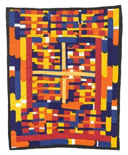A vibrant, hand-quilted cotton textile features a combination of blue, orange, yellow, and red patchwork.