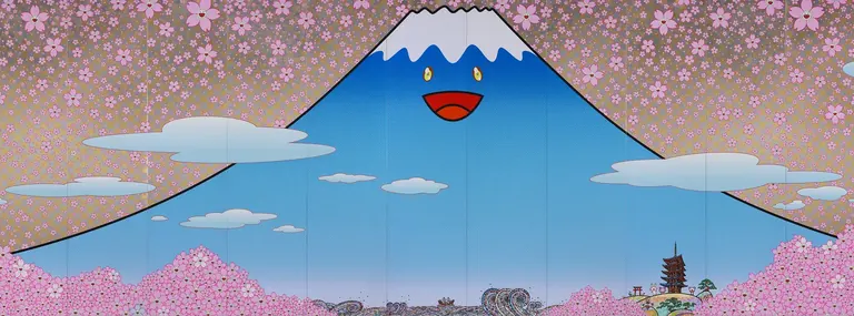 Detail of a Takashi Murakami artwork featuring Mount Fuji