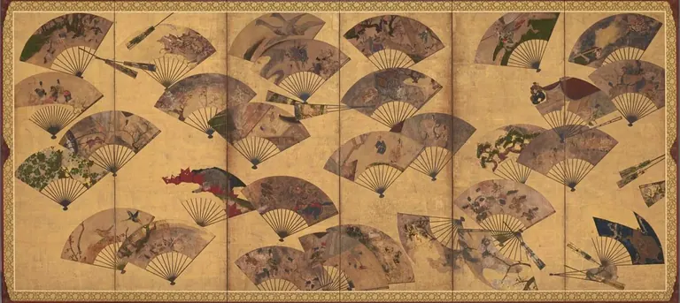 Screen with Scattered Fans by Tawaraya Sotatsu, a gold-ground Japanese folding screen in the Freer Gallery of Art collection
