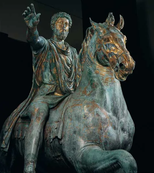 Statue équestre originale de Marc Aurèle, en bronze doré, aux musées du Capitole