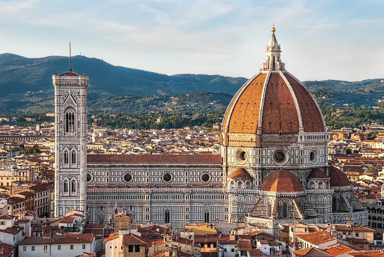 Cattedrale di Santa Maria del Fiore, the Duomo of Florence, viewed from the south showing the dome, bell tower, and marble facade