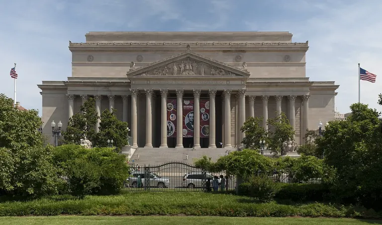 The neoclassical National Archives Building with its Corinthian colonnade, seen from Constitution Avenue, Washington, DC