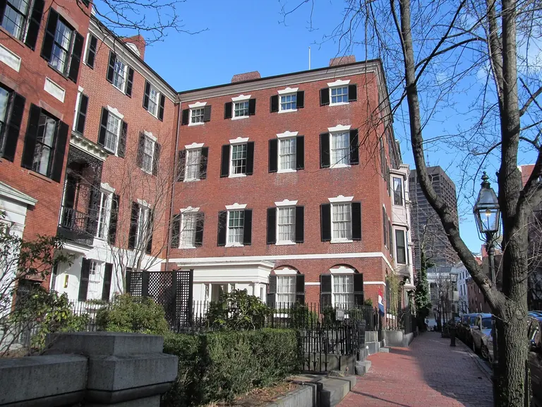 The Federal-style brick facade of 55 Mount Vernon Street, the Nichols House Museum, on Beacon Hill in Boston