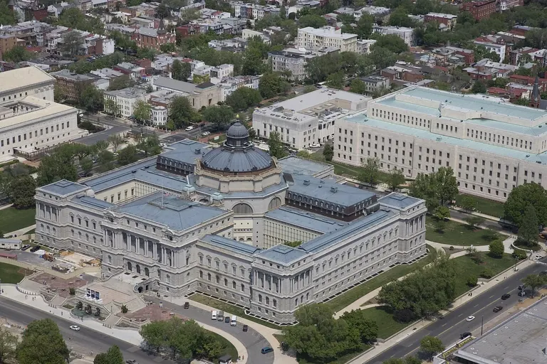 Aerial view of the Thomas Jefferson Building of the Library of Congress, with its copper dome and Beaux-Arts facade, on Capitol Hill in Washington, DC