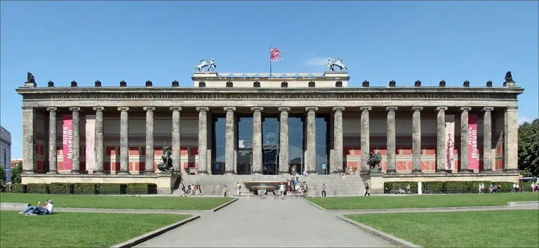 The Altes Museum's colonnade of eighteen Ionic columns facing the Lustgarten on Museum Island, Berlin