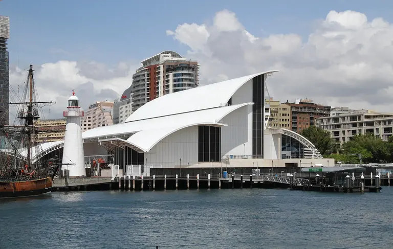 Exterior of the Australian National Maritime Museum with its sail-shaped roof at Darling Harbour, Sydney