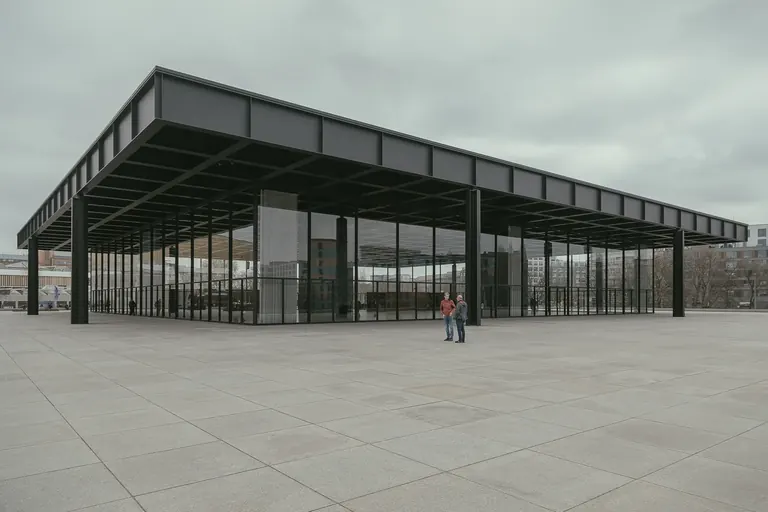 The Neue Nationalgalerie's glass hall and floating steel roof by Mies van der Rohe, after its 2021 restoration