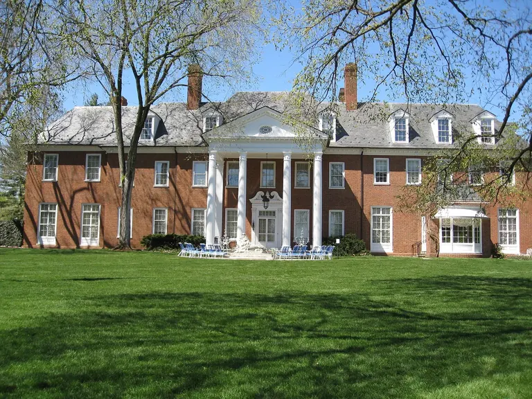 Exterior of the Georgian-style Hillwood mansion, the former Washington, DC home of Marjorie Merriweather Post, seen from the garden side