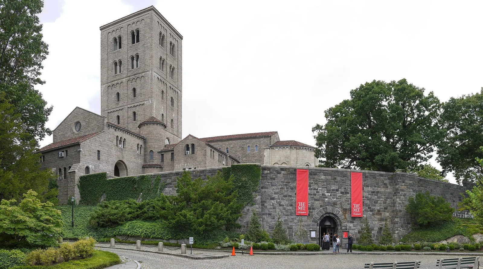 The Met Cloisters and its tower rising above Fort Tryon Park, overlooking the Hudson River