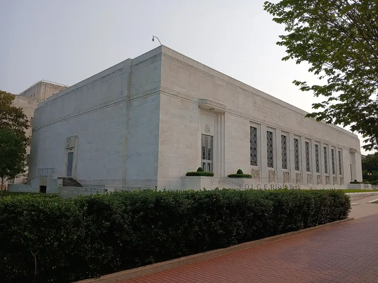 The white marble exterior of the Folger Shakespeare Library on East Capitol Street SE, Washington, DC