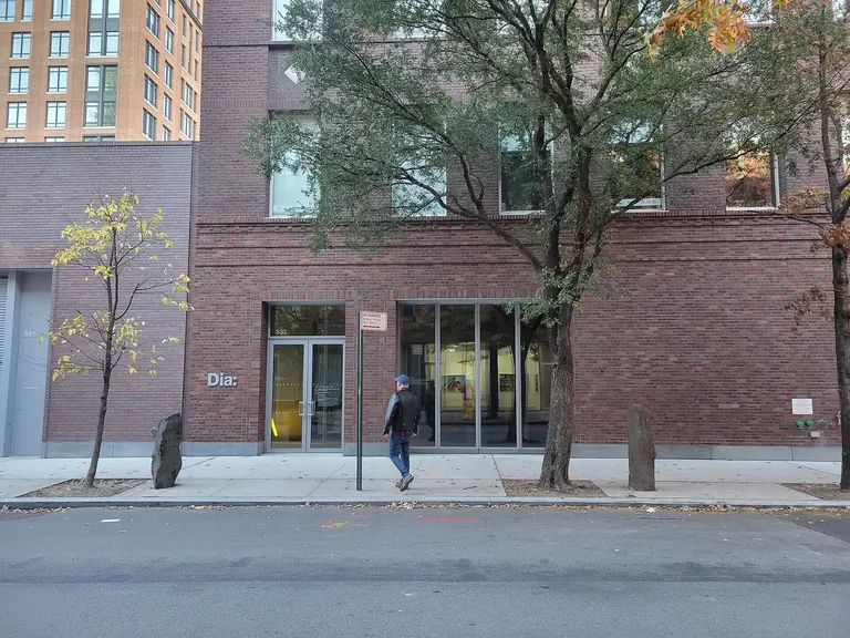 Brick street facade and entrance of Dia Chelsea on West 22nd Street, with the Dia logo and 7000 Oaks basalt stones
