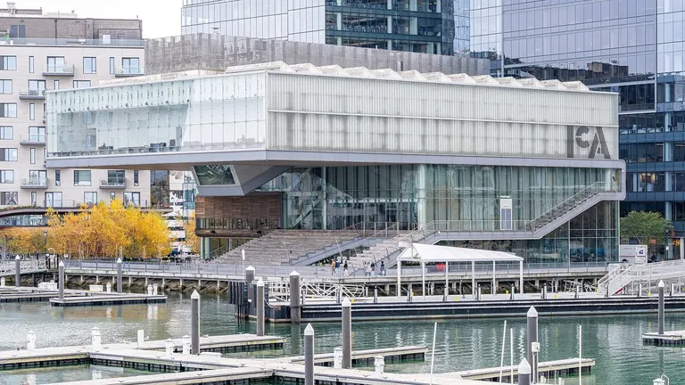 The cantilevered glass and steel Institute of Contemporary Art building by Diller Scofidio + Renfro on the Boston Harbor waterfront