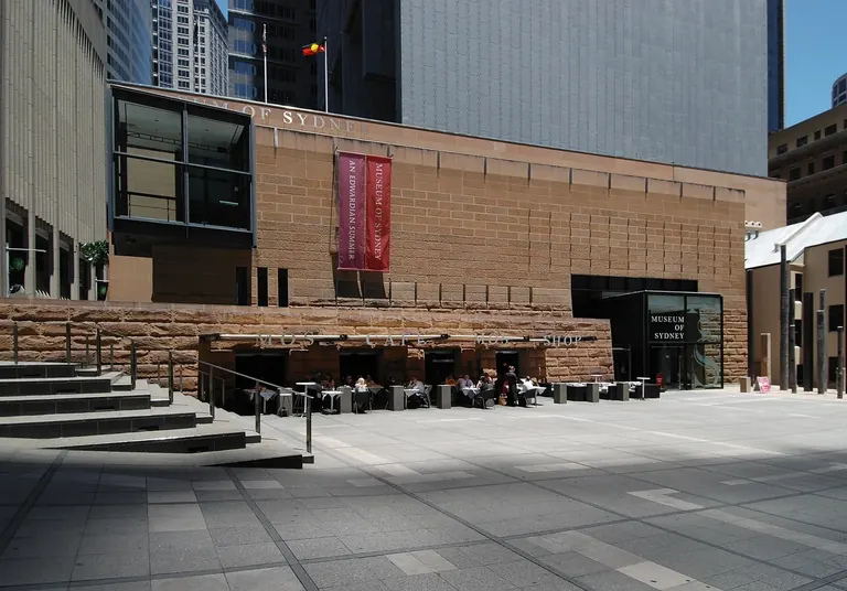 Exterior of the Museum of Sydney building on the corner of Phillip and Bridge Streets