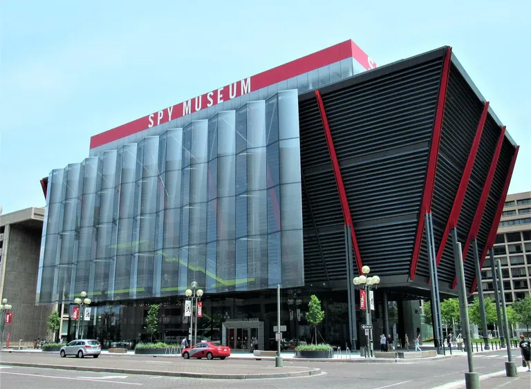 Exterior of the International Spy Museum's black-and-red glass building at L'Enfant Plaza, Washington, DC