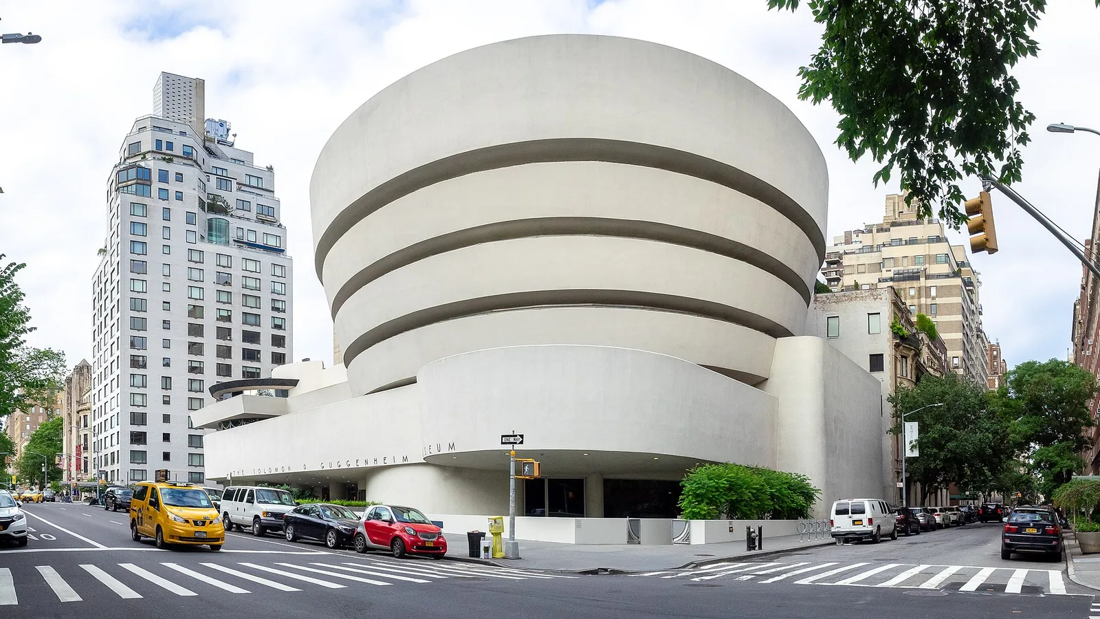 The spiraling white facade of the Solomon R. Guggenheim Museum on Fifth Avenue, designed by Frank Lloyd Wright