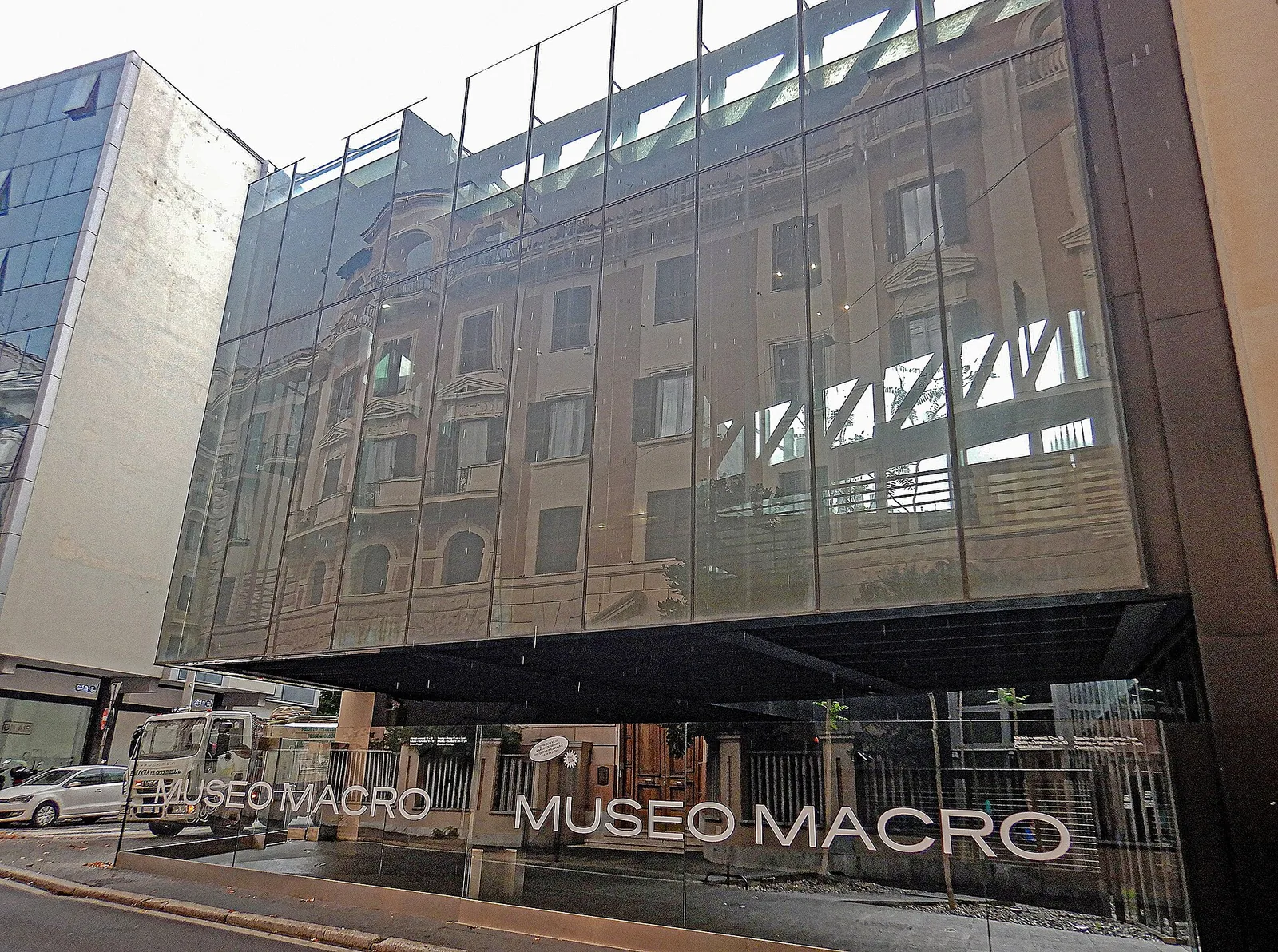 Glass facade of MACRO with MUSEO MACRO signage at the Via Nizza entrance, Rome