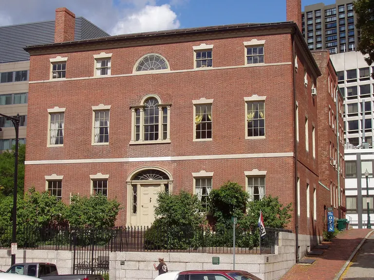 Exterior of the First Harrison Gray Otis House, a three-storey red-brick Federal mansion at 141 Cambridge Street, Boston