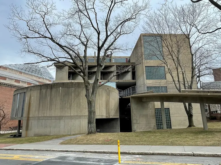 East view of the Carpenter Center for the Visual Arts, Le Corbusier's concrete building with its cantilevered ramp, at Harvard University in Cambridge