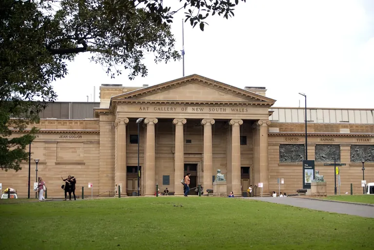 Exterior view of the Art Gallery of New South Wales's classical sandstone building, viewed from The Domain, Sydney