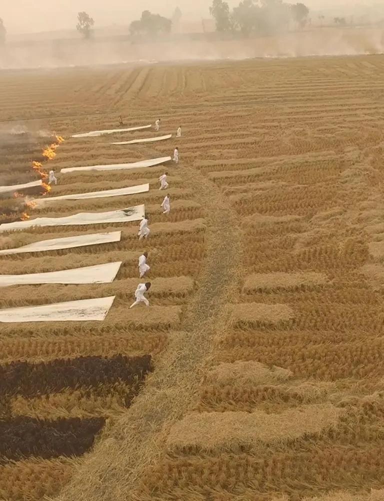 From above, people in white run through a dry field trailing long white banners consumed by fire