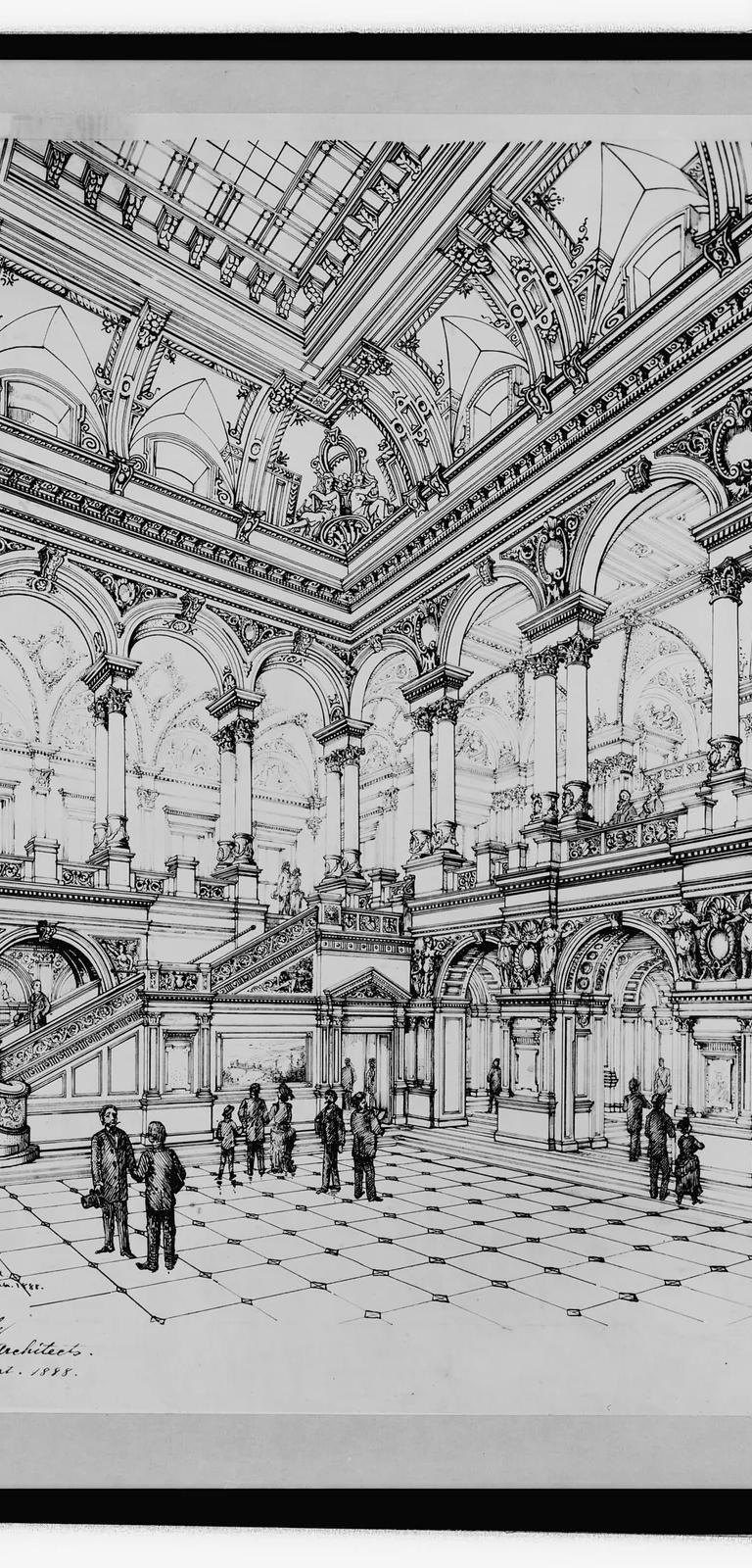 The Great Hall of the Library of Congress, looking up through the marble arcades and gilded ceiling of the Thomas Jefferson Building