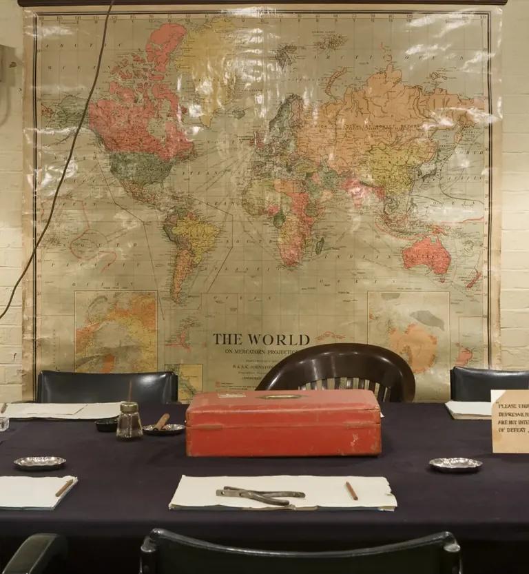 A large map displayed on the wall of the Cabinet Room behind Churchill's desk at the Cabinet War Rooms