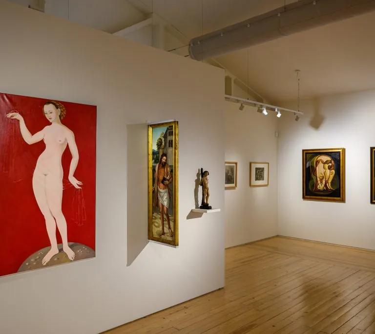 Installation view of "On Gestures and Forms" at the Millennium bcp Gallery, MNAC, showing paintings and a sculpture from the MNAA, MNAC and Millennium bcp collections