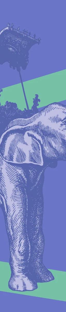 Illustration of an elephant with a canopy over its back, against a blue graphic composition with green rectangles
