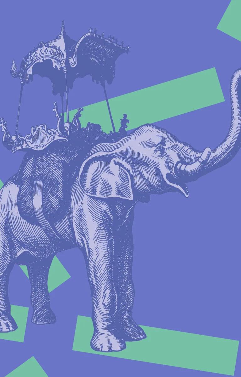 Illustration of an elephant with a canopy over its back, against a blue graphic composition with green rectangles