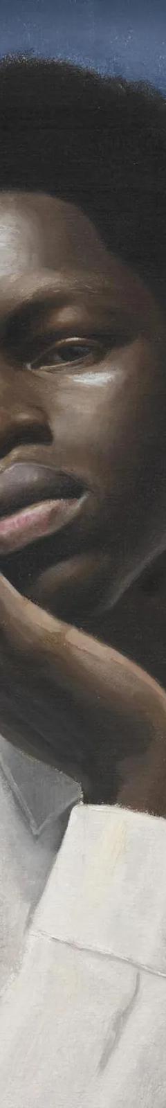 Painted portrait of a young black man from the chest up, chin resting on one hand, looking at the viewer, against a blue background.